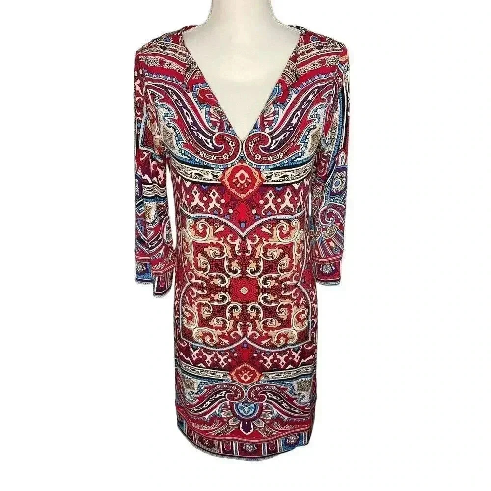 Nicole By Nicole Miller‎ Women’s Small Red Mandala Print V-Neck Dress
